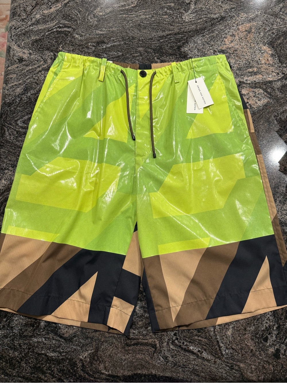 DRIES VAN NOTEN Men's Neon Green Geometric Swim Shorts